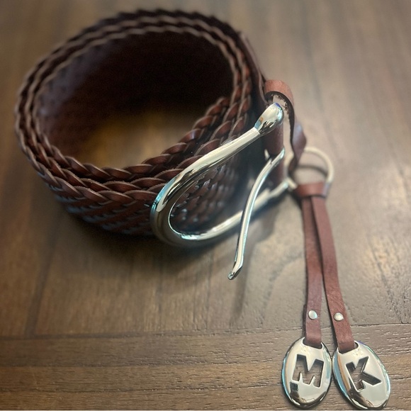 Michael Kors Y2K wide woven genuine Leather Belt Silver Buckle logo tassel XL - Picture 2 of 7